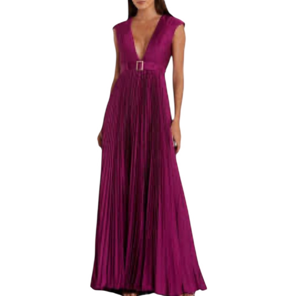 NWT Ieena for Mac Duggal Women’s Pleated Plunge‎ Neck Belted Satin Gown Wedding